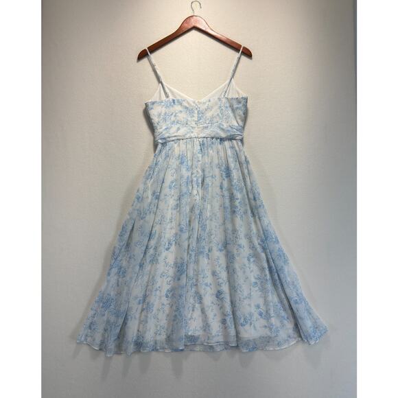 LDT Blue Floral Chiffon Midi Dress Keyhole Cutout Floral Hourglass, Size 4 - Picture 10 of 12